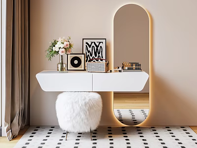White Dressing Table with Illuminated Oval Mirror Furry Stool Artwork Vinyl Record and Flower Vase 3d model