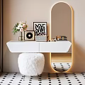 White Dressing Table with Illuminated Oval Mirror Furry Stool Artwork Vinyl Record and Flower Vase