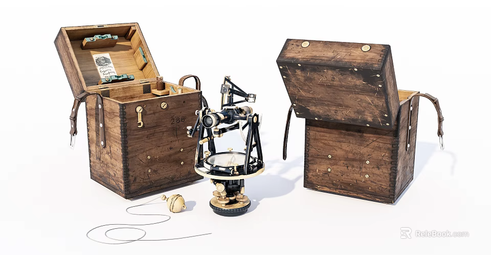 Vintage Wooden Storage Cases With Open Lid Brass Hardware And Surveying Instrument 3d model 