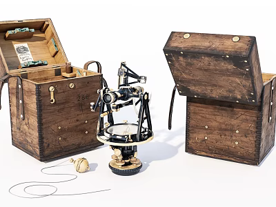 Vintage Wooden Storage Cases With Open Lid Brass Hardware And Surveying Instrument 3d model