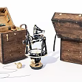 Vintage Wooden Storage Cases With Open Lid Brass Hardware And Surveying Instrument