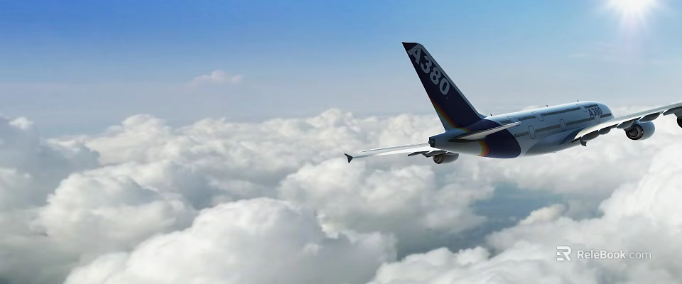 Large Commercial A380 Airliner Flying Above White Puffy Clouds in Blue Sky 3d model 