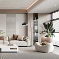 Modern Living Room Interior With Beige Sofa Coffee Table Striped Wall And Decorative Shelves