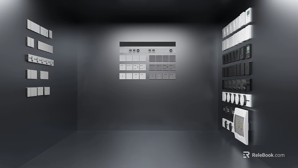 Various Switch Panels and Sockets Displayed on Modern Interior Wall 3d model 