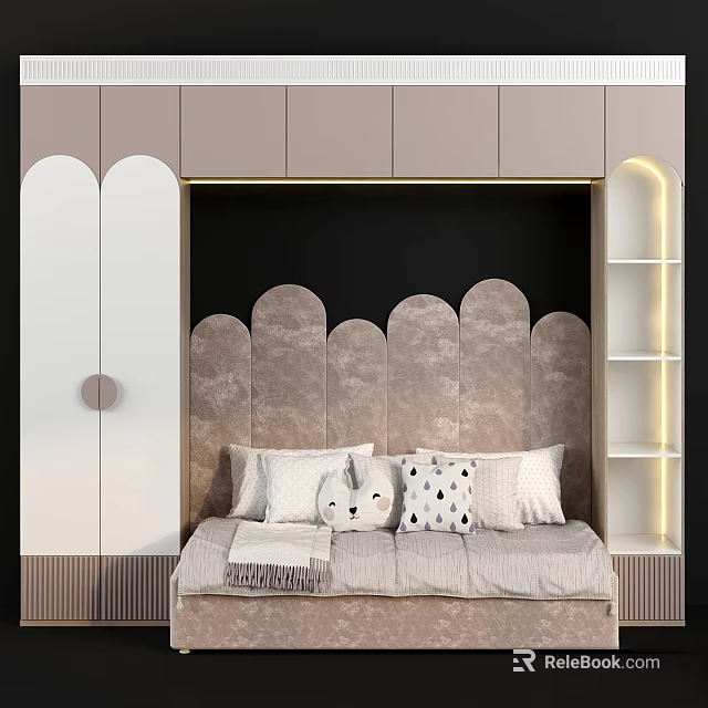 Kids Bed with Wavy Upholstered Headboard Cabinet Shelf Lighting and Plush Toy Pillows 3d model 