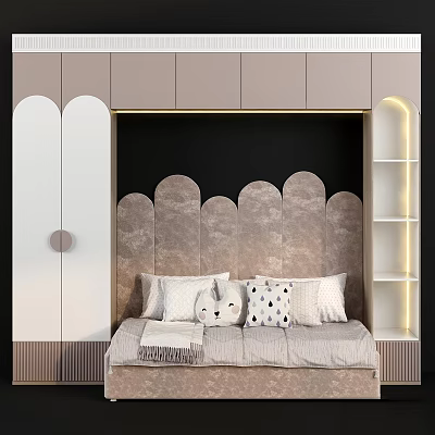 Kids Bed with Wavy Upholstered Headboard Cabinet Shelf Lighting and Plush Toy Pillows 3d model