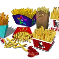 Assorted French Fries in Paper Boxes from McDonald's and KFC with Ketchup Packets