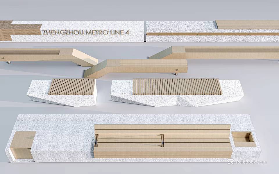 Modern Landscape Seats For Zhengzhou Metro Line 4 With Wooden And Stone Materials 3d model 