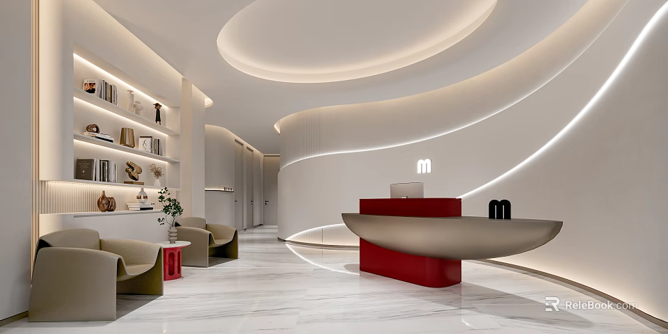 Modern Reception Desk Area With Curved White Walls Circular Ceiling Lights And Beige Sofas 3d model 