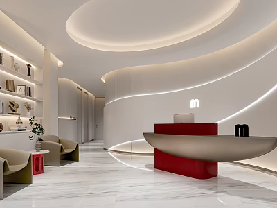 Modern Reception Desk Area With Curved White Walls Circular Ceiling Lights And Beige Sofas 3d model