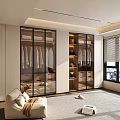 Modern Walk in Closet Interior Design With Glass Doors Hanging Clothes Shelves And Lighting