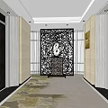 Modern Elevator Hallway With Beige Walls Decorative Artworks And Patterned Carpet