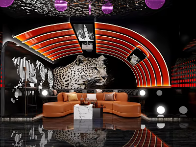 Modern KTV Interior Design With Orange Sofa Leopard Print Decor And Curved Neon Lights 3d model