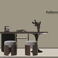 Poliform Modern Furniture Scene With Round Table Stools Chair And Vase Plant