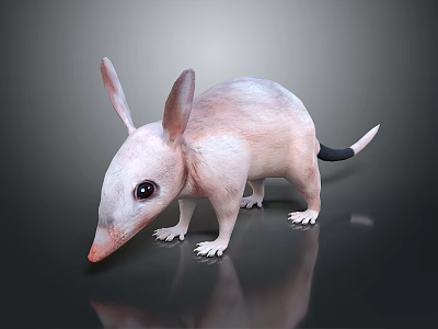 Anteater with Light Fur Large Ears Long Snout and Black Tipped Tail on Dark Surface 3d model
