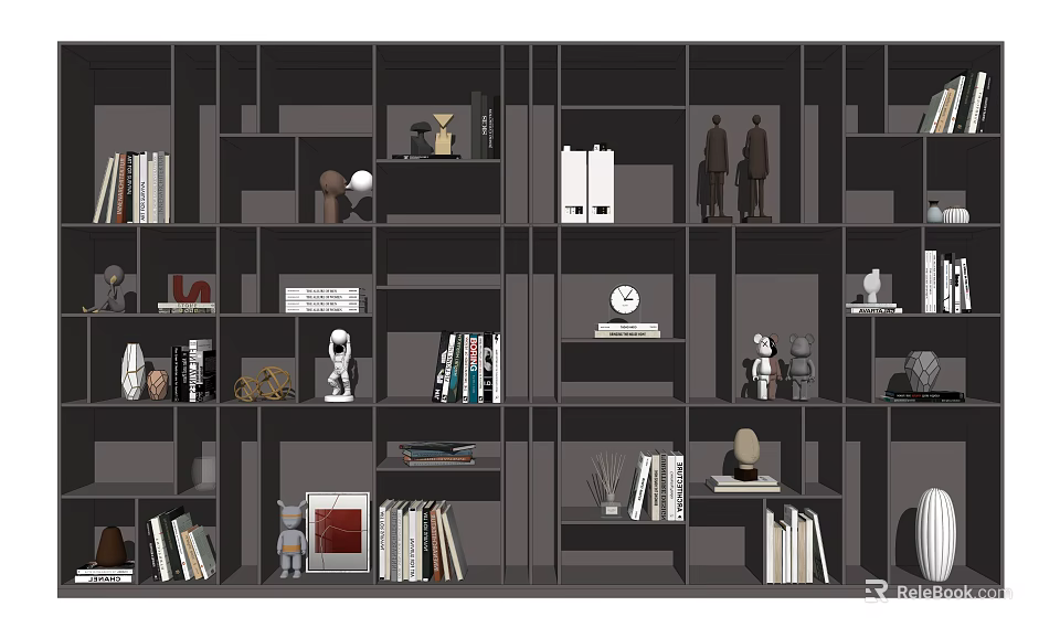 Modern Bookshelf Design with Multiple Compartments Books Decorative Sculptures and Frames 3d model