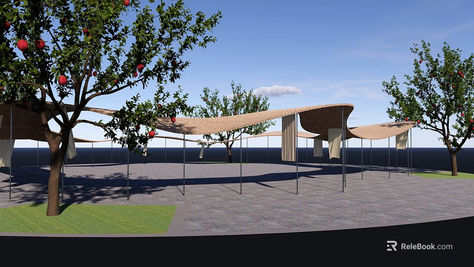 Outdoor Wooden Pergola With Curved Roof And Red Fruit Trees On Stone Pavement 3d model 