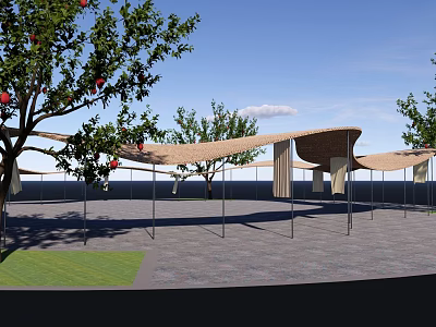 Outdoor Wooden Pergola With Curved Roof And Red Fruit Trees On Stone Pavement 3d model