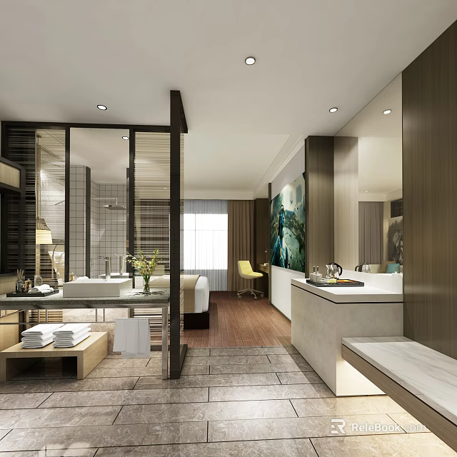 Modern Hotel Room Interior Design With King Bed Ensuite Bathroom And Decorative Painting 3d model 