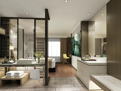 Modern Hotel Room Interior Design With King Bed Ensuite Bathroom And Decorative Painting 3d model