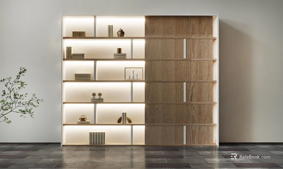 Modern Wooden Decorative Cabinet With LED Lighting And Multiple Shelves Showcasing Decor Items 3d model 