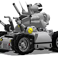 Mechanical Gray Tank With Large Wheels Cannon Antennas Headlights And Yellow Accents
