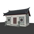 Ancient Chinese Architecture Featuring Tiled Roof Circular Windows Wooden Door And Stone Lanterns