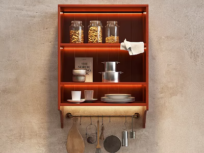 Wall Mounted Kitchen Shelf With Glass Jars Grains Pots Bowls Plates And Cooking Utensils 3d model