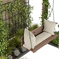 Garden Pergola Covered With Green Vines And Wooden Swing Chair Near Brick Wall