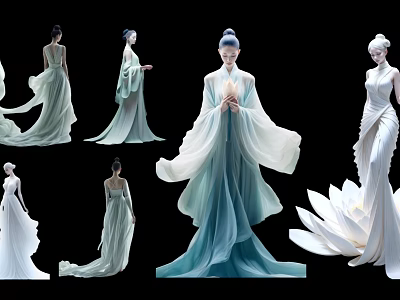 Multiple Women in Elegant Light Blue and White Flowing Dresses with Lotus Elements 3d model