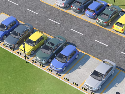 Various Colored Cars Neatly Parked In Organized Parking Lot With Grass And Street Lamp 3d model