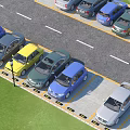 Various Colored Cars Neatly Parked In Organized Parking Lot With Grass And Street Lamp