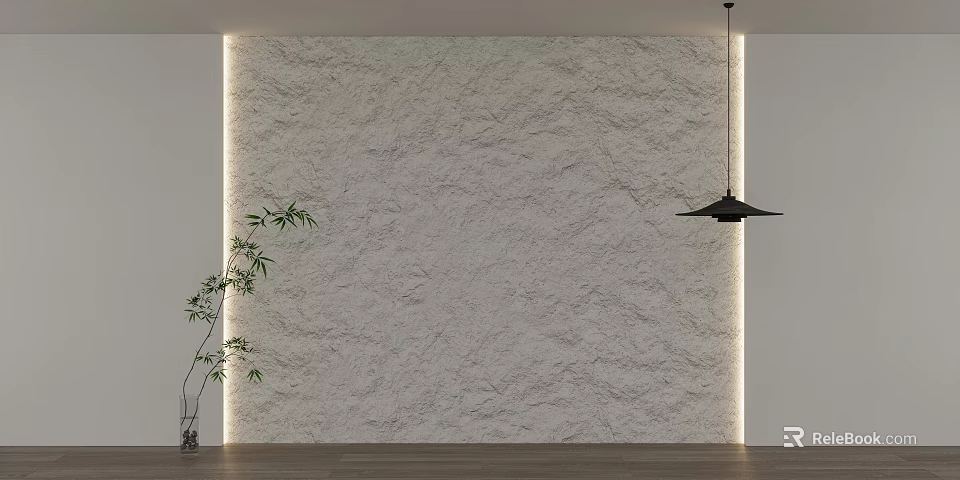 Textured White Accent Wall with Ambient Lighting Potted Plant Modern Pendant Light and Wooden Floor 3d model 