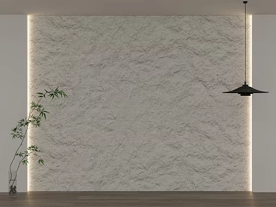 Textured White Accent Wall with Ambient Lighting Potted Plant Modern Pendant Light and Wooden Floor 3d model