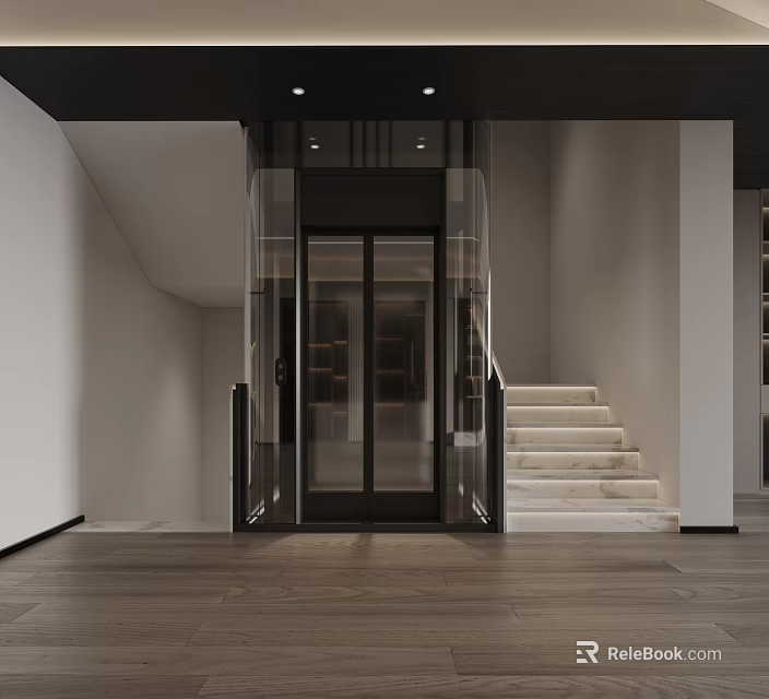 Modern Interior Entrance With Glass Elevator Door White Staircase And Wooden Floor 3d model 