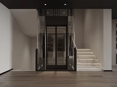 Modern Interior Entrance With Glass Elevator Door White Staircase And Wooden Floor 3d model