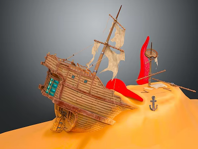 Cartoon Scene Tilted Wooden Sailboat With White Sails Red Flag And Anchor On Sandy Ground 3d model