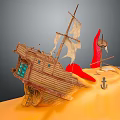 Cartoon Scene Tilted Wooden Sailboat With White Sails Red Flag And Anchor On Sandy Ground