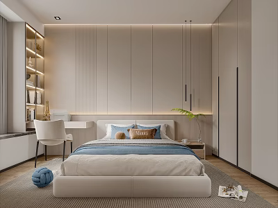 Modern Bedroom Interior Design With Bed Headboard Wall Pendant Lights Desk Chair And Potted Plant 3d model