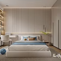 Modern Bedroom Interior Design With Bed Headboard Wall Pendant Lights Desk Chair And Potted Plant