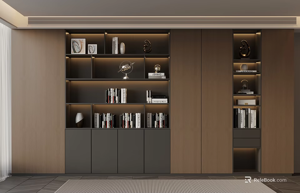 Modern Double Doors Home Interior With Wooden Gray Storage Cabinets And Decorative Shelves 3d model 