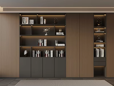 Modern Double Doors Home Interior With Wooden Gray Storage Cabinets And Decorative Shelves 3d model