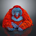 Art Character Orangutan With Vibrant Red Fur And Blue Face In Sitting Posture