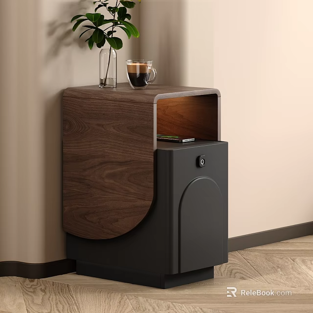 Modern Wooden Bedside Table With Black Storage Cabinet Vase And Coffee Cup 3d model 