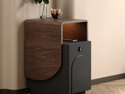 Modern Wooden Bedside Table With Black Storage Cabinet Vase And Coffee Cup 3d model