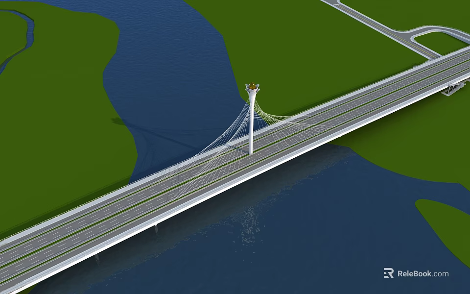Cable Stayed Bridge Spanning River With Green Land And Road Connections 3d model