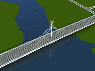Cable Stayed Bridge Spanning River With Green Land And Road Connections 3d model