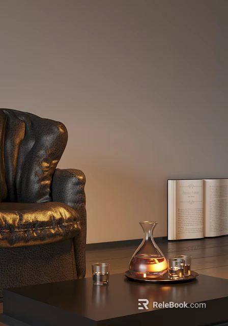 Elegant Wine Bottle And Glass Display With Leather Sofa Lamp And Open Book 3d model 