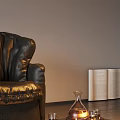 Elegant Wine Bottle And Glass Display With Leather Sofa Lamp And Open Book