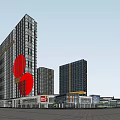 Modern Commercial Complex With Glass Curtain Walls Open Plaza Fountain And Green Landscaping